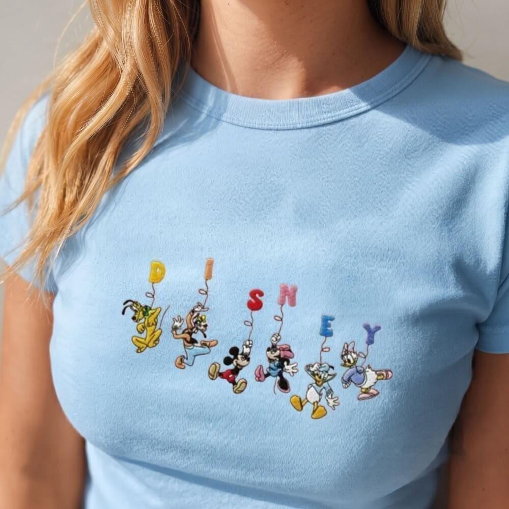 Embroidered Funny Mickey and Friends Disney Baby Tee Lace Trim Tank Top – Family WDW Disneyland Girls Trip Crop Top