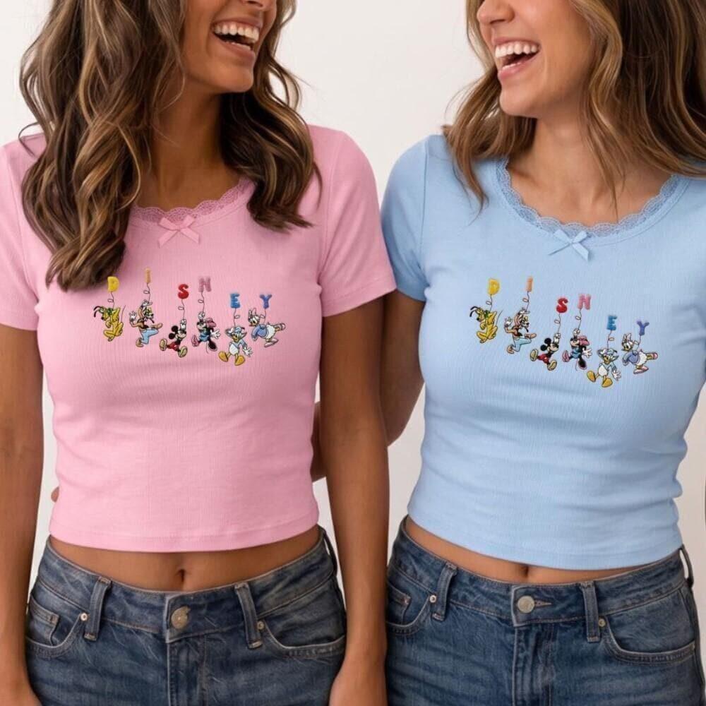 Embroidered Funny Mickey and Friends Disney Baby Tee Lace Trim Tank Top – Family WDW Disneyland Girls Trip Crop Top - photo 2