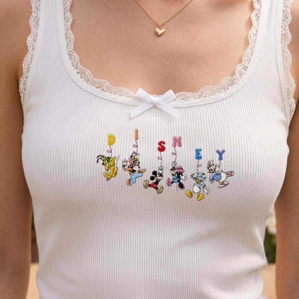 Embroidered Funny Mickey and Friends Disney Baby Tee Lace Trim Tank Top – Family WDW Disneyland Girls Trip Crop Top - photo 3