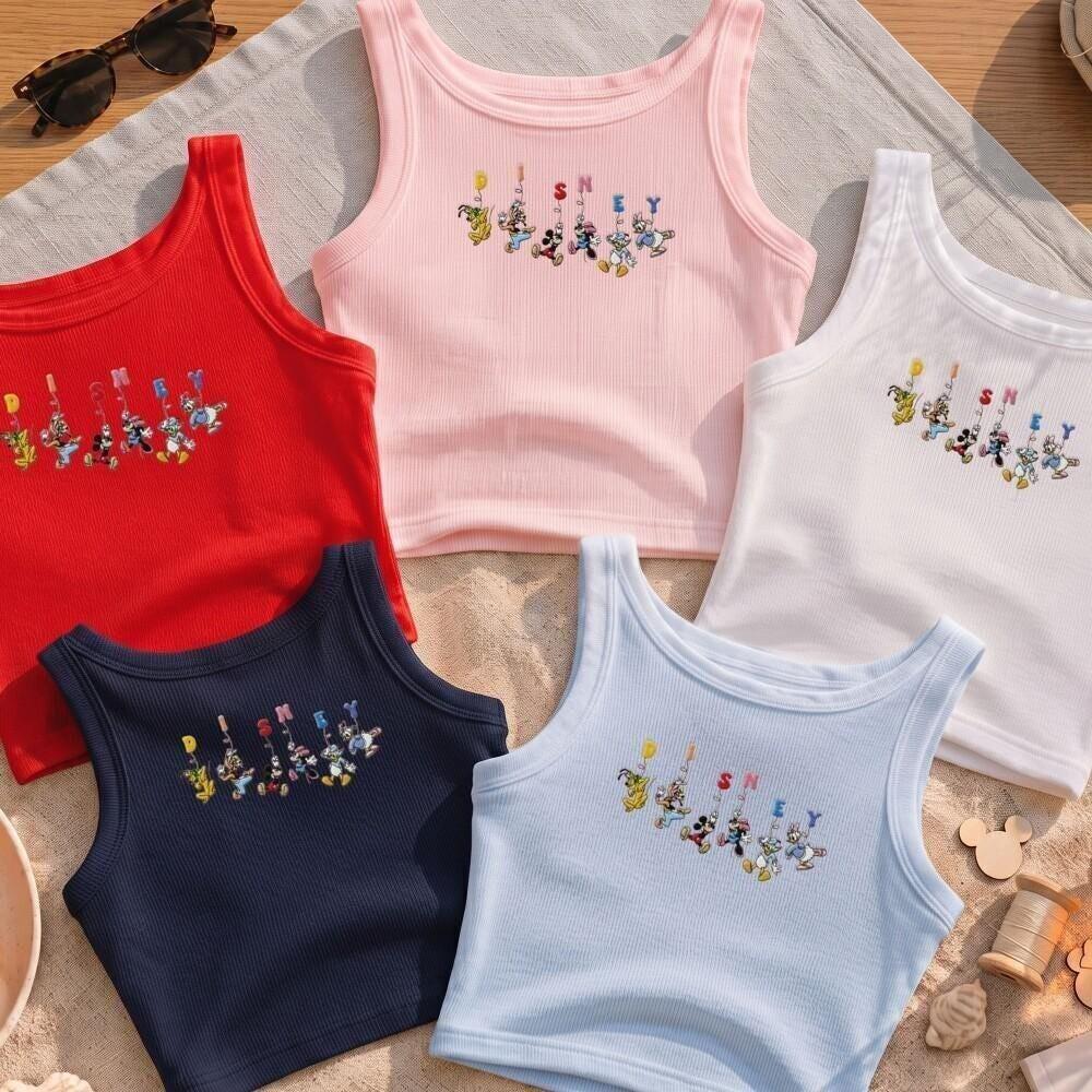 Embroidered Funny Mickey and Friends Disney Baby Tee Lace Trim Tank Top – Family WDW Disneyland Girls Trip Crop Top - photo 5