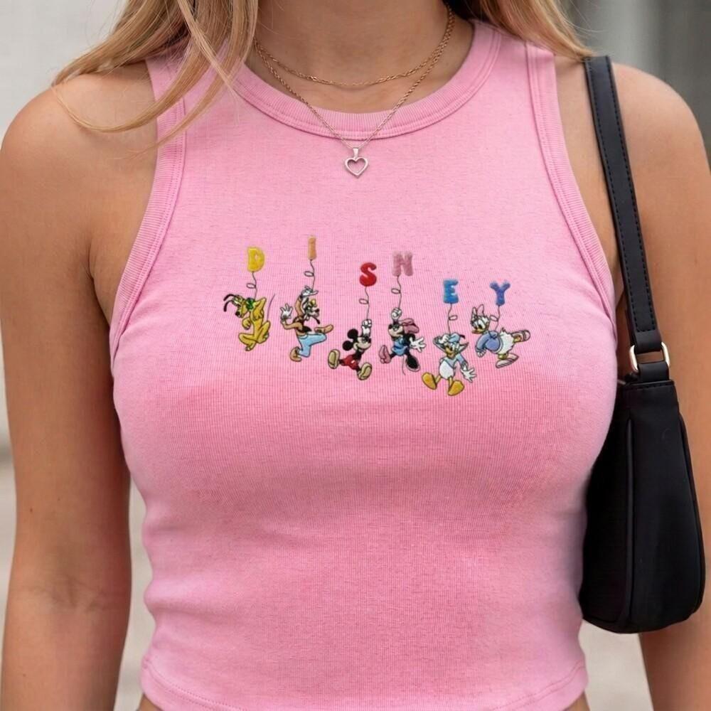 Embroidered Funny Mickey and Friends Disney Baby Tee Lace Trim Tank Top – Family WDW Disneyland Girls Trip Crop Top - photo 6