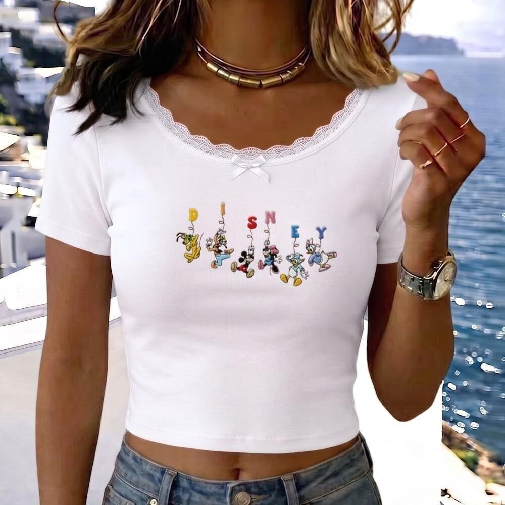 Embroidered Funny Mickey and Friends Disney Baby Tee Lace Trim Tank Top – Family WDW Disneyland Girls Trip Crop Top - photo 7