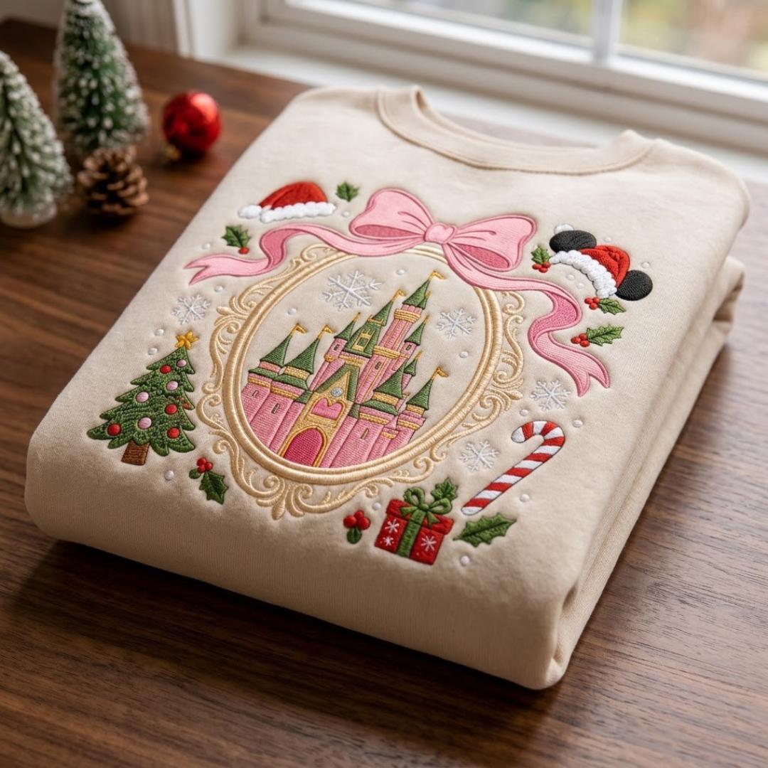 Embroidered Magical Land Coquette Christmas Castle Sweatshirt – Cute Disney Crewneck Shirt for a Holiday Trip Gift - photo 1