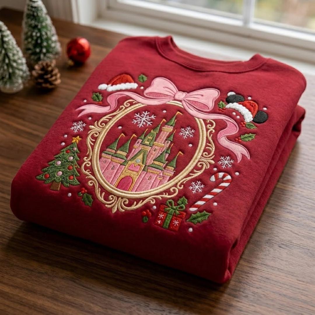 Embroidered Magical Land Coquette Christmas Castle Sweatshirt – Cute Disney Crewneck Shirt for a Holiday Trip Gift - photo 2