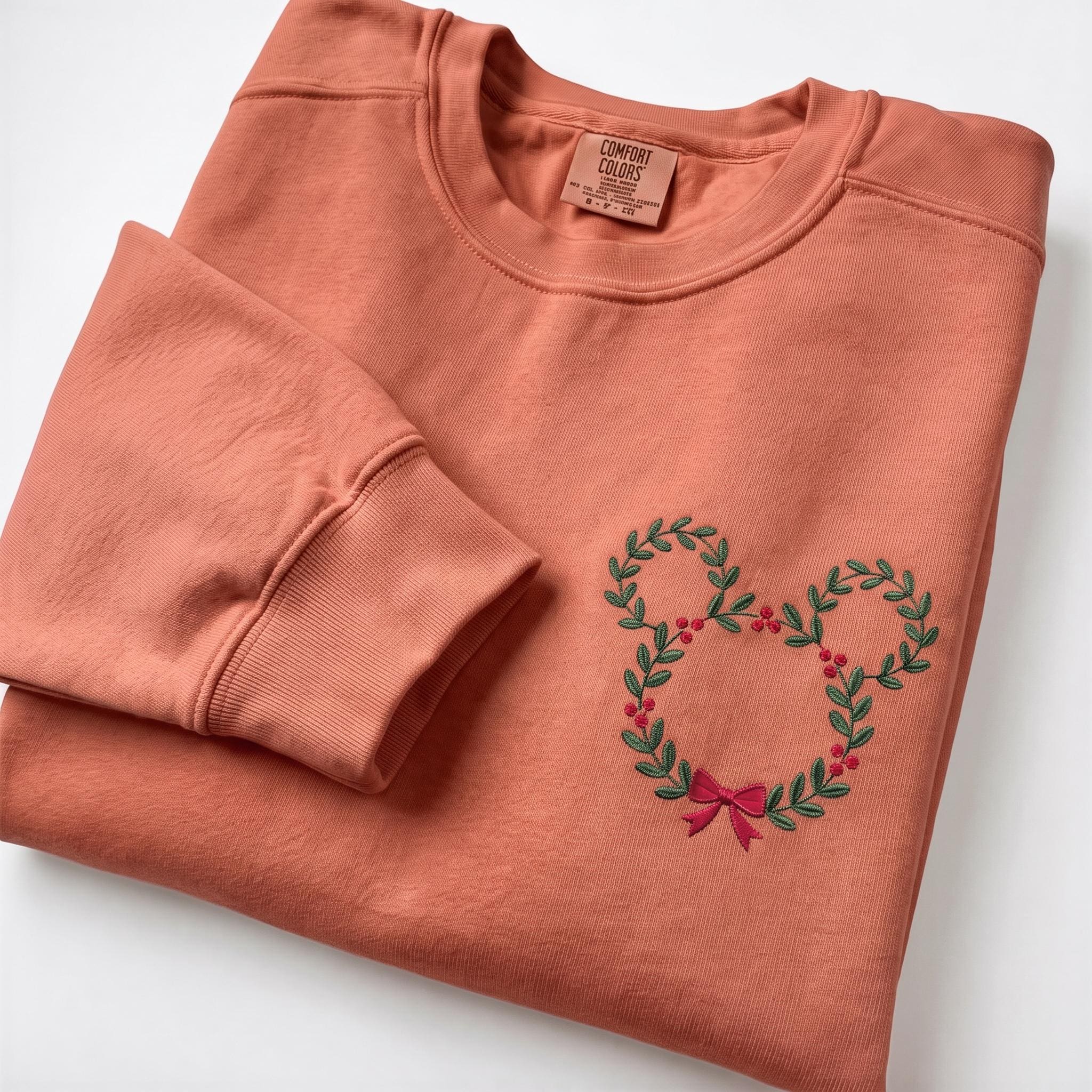 Embroidered Disney Christmas Wreath Sweatshirt with Minimalist Mickey Head – Festive Holiday Xmas Crewneck Sweater - photo 2