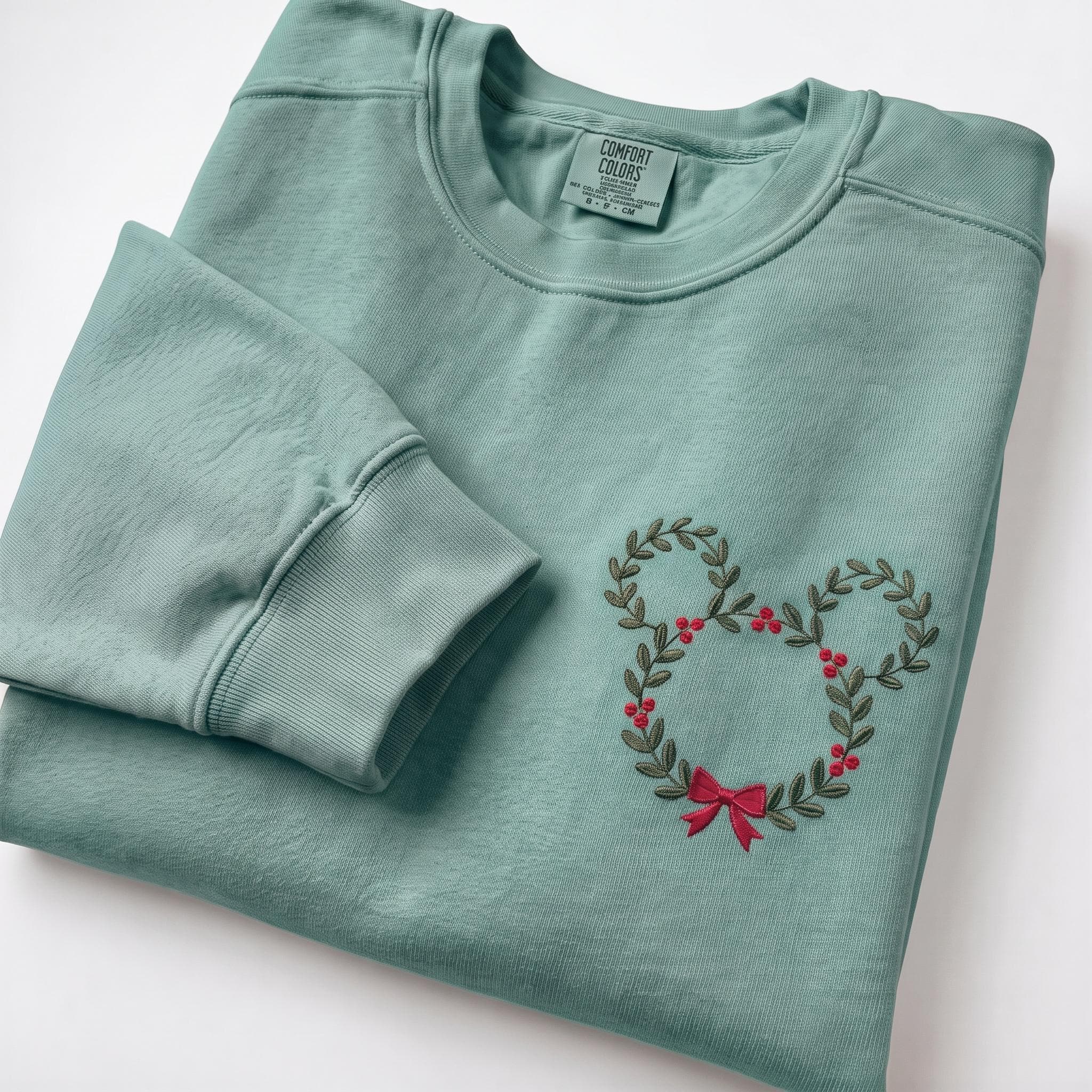 Embroidered Disney Christmas Wreath Sweatshirt with Minimalist Mickey Head – Festive Holiday Xmas Crewneck Sweater - photo 3