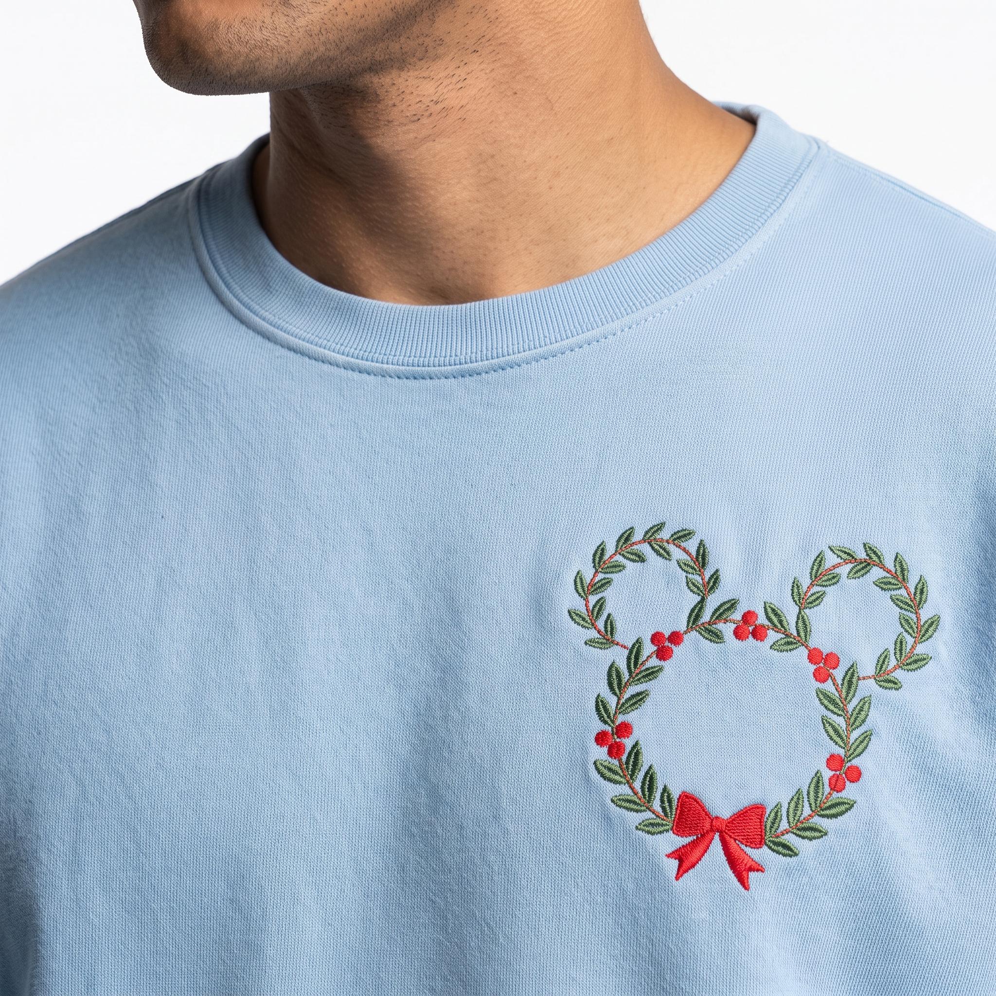 Embroidered Disney Christmas Wreath Sweatshirt with Minimalist Mickey Head – Festive Holiday Xmas Crewneck Sweater - photo 8