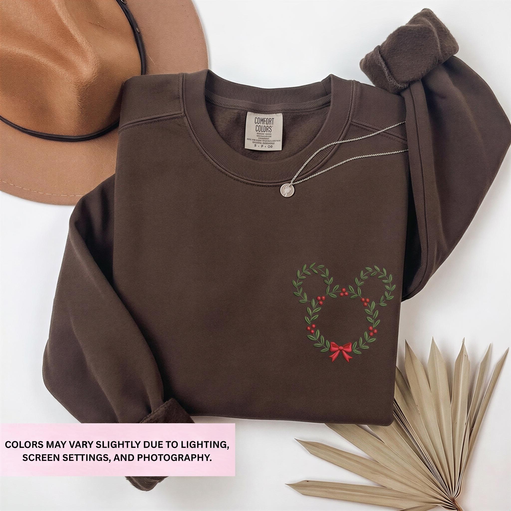 Embroidered Disney Christmas Wreath Sweatshirt with Minimalist Mickey Head – Festive Holiday Xmas Crewneck Sweater - photo 9
