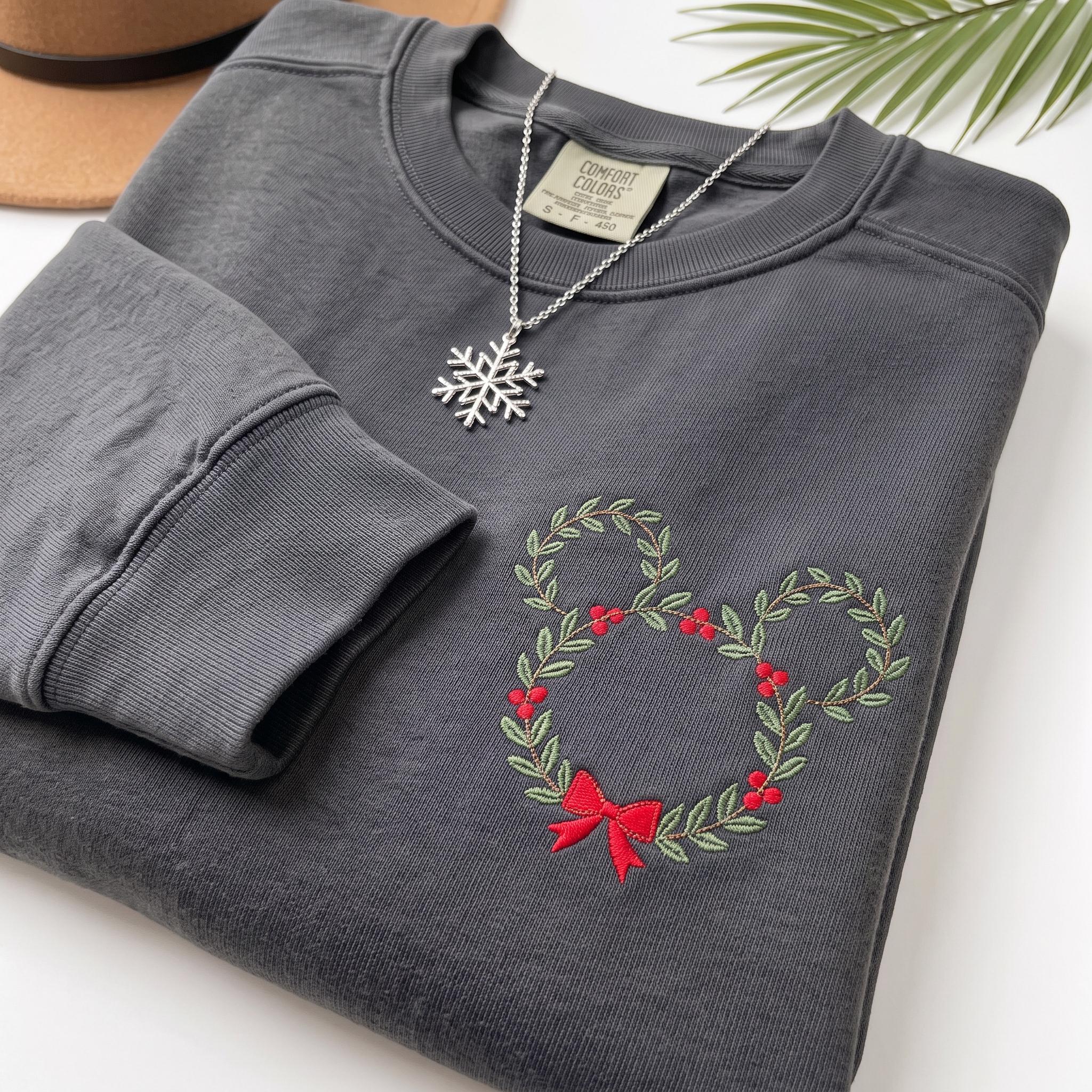 Embroidered Disney Christmas Wreath Sweatshirt with Minimalist Mickey Head – Festive Holiday Xmas Crewneck Sweater - photo 16