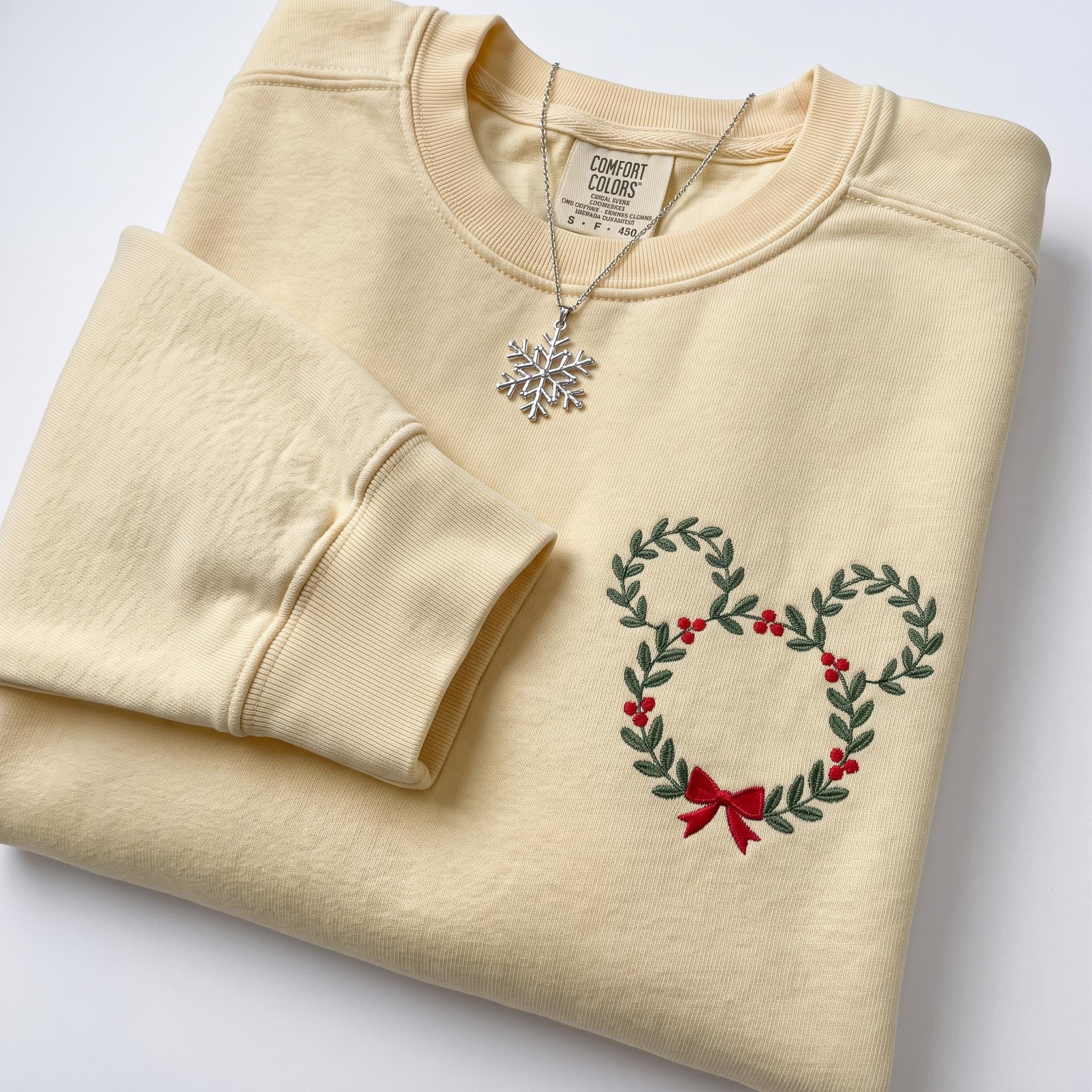 Embroidered Disney Christmas Wreath Sweatshirt with Minimalist Mickey Head – Festive Holiday Xmas Crewneck Sweater - photo 17