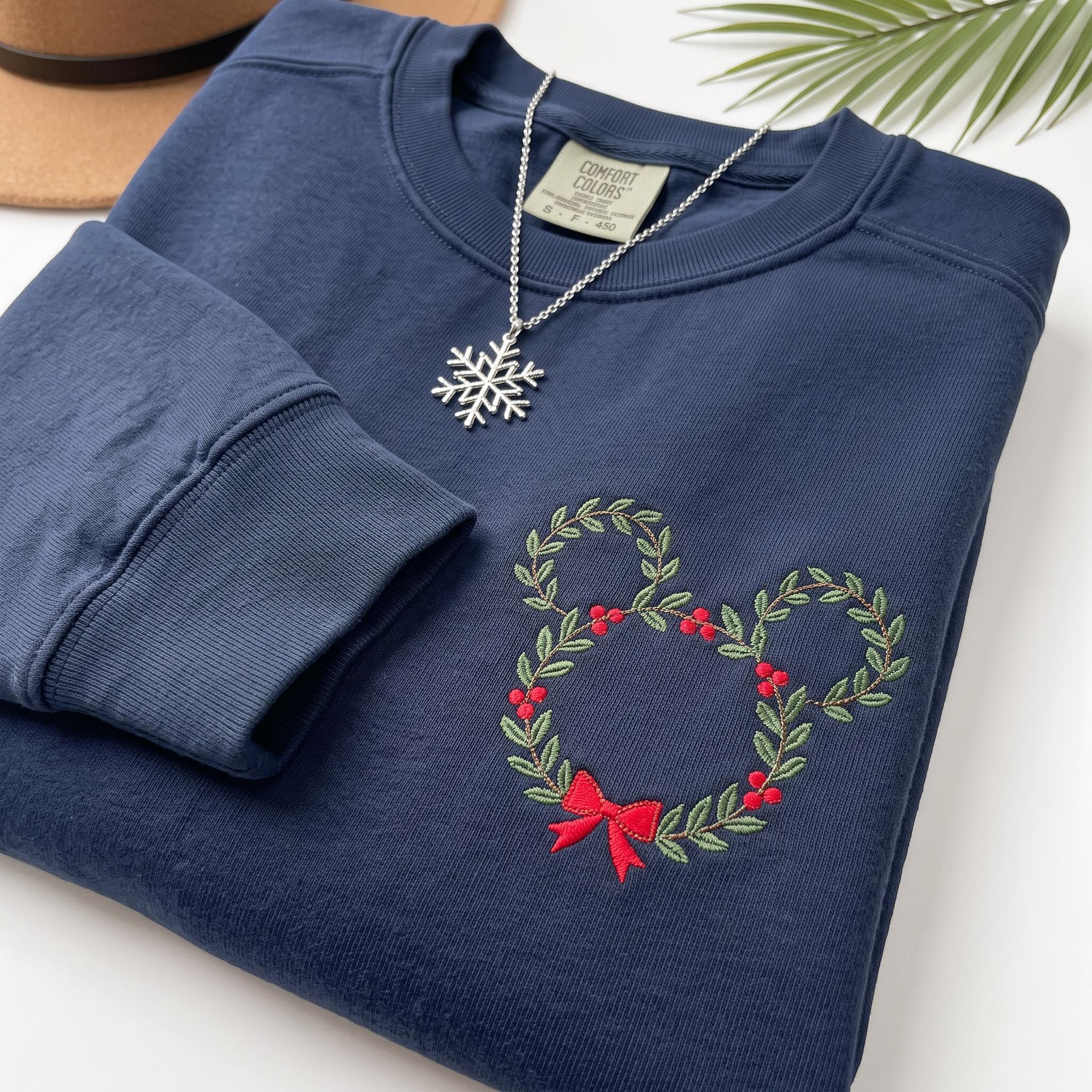 Embroidered Disney Christmas Wreath Sweatshirt with Minimalist Mickey Head – Festive Holiday Xmas Crewneck Sweater - photo 19