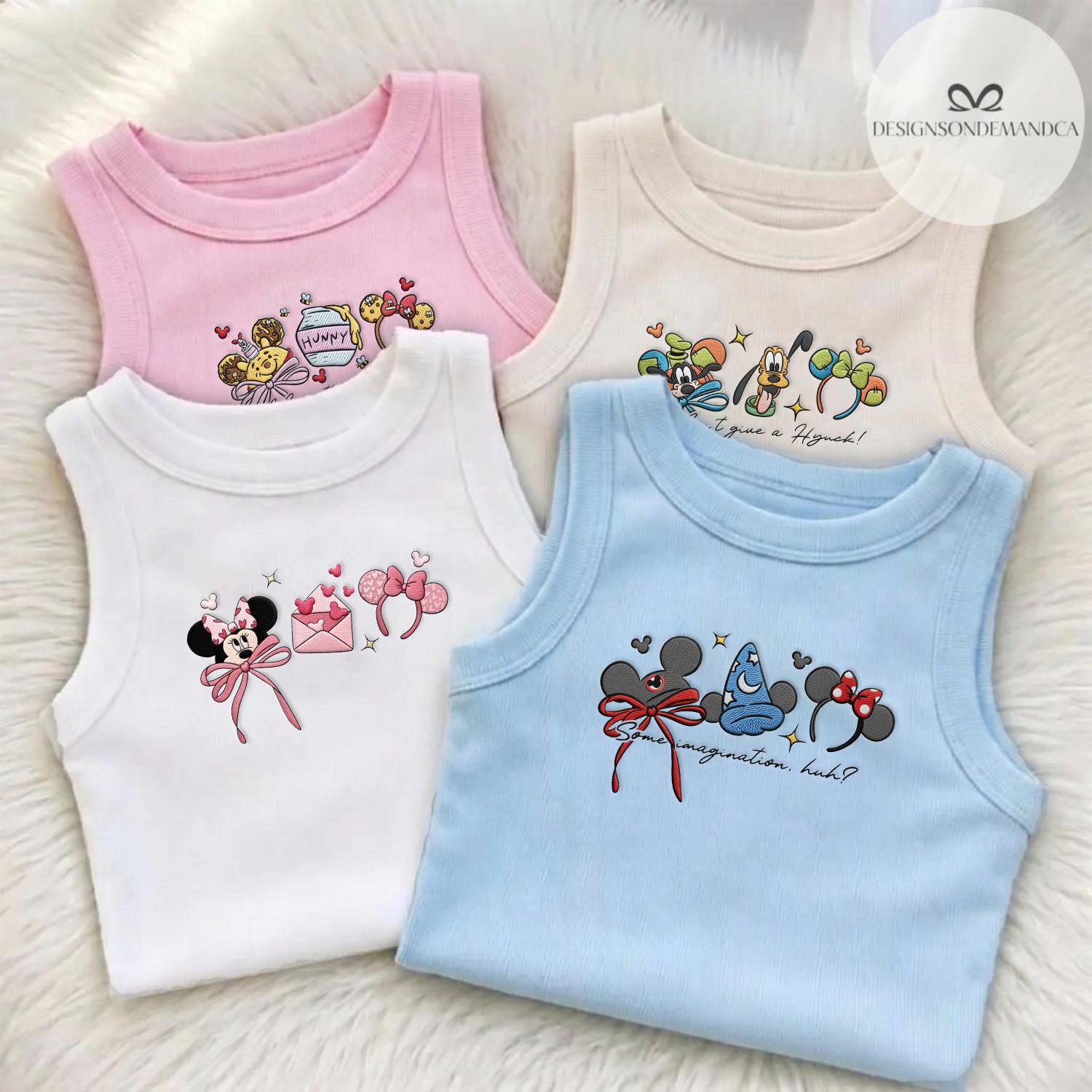 Embroidered Magical Park Characters Baby Tee Crop Tank with Coquette Bow Mouse Friends Lion King Cars Remy – Girls Trip Lace Trim Tank