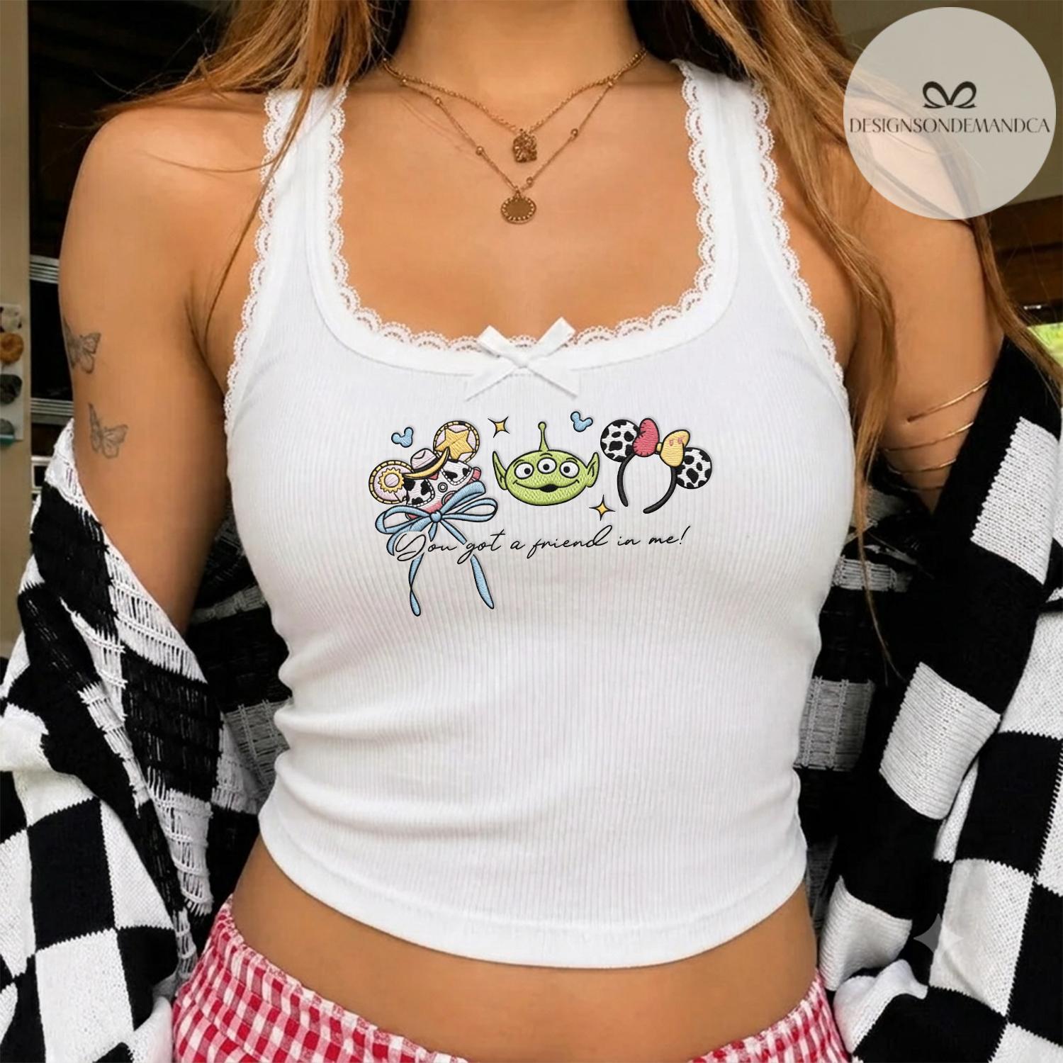 Embroidered Magical Park Characters Baby Tee Crop Tank with Coquette Bow Mouse Friends Lion King Cars Remy – Girls Trip Lace Trim Tank - photo 4