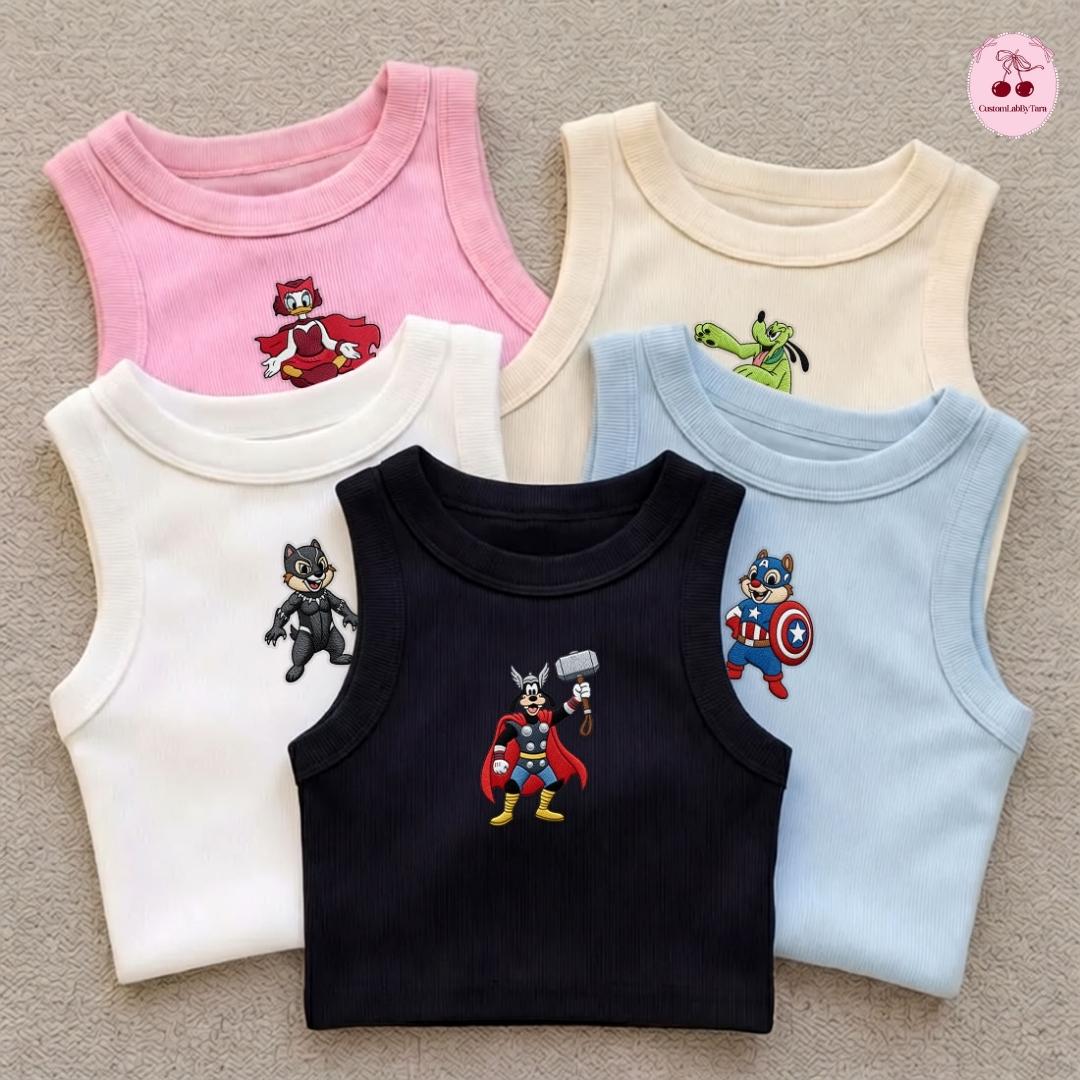 Embroidered Marvel Avengers Disney Sweatshirt and Lace Trim Tank Top with Spiderman Iron Man – MCU Superhero Fan Baby Tee Crop Tank