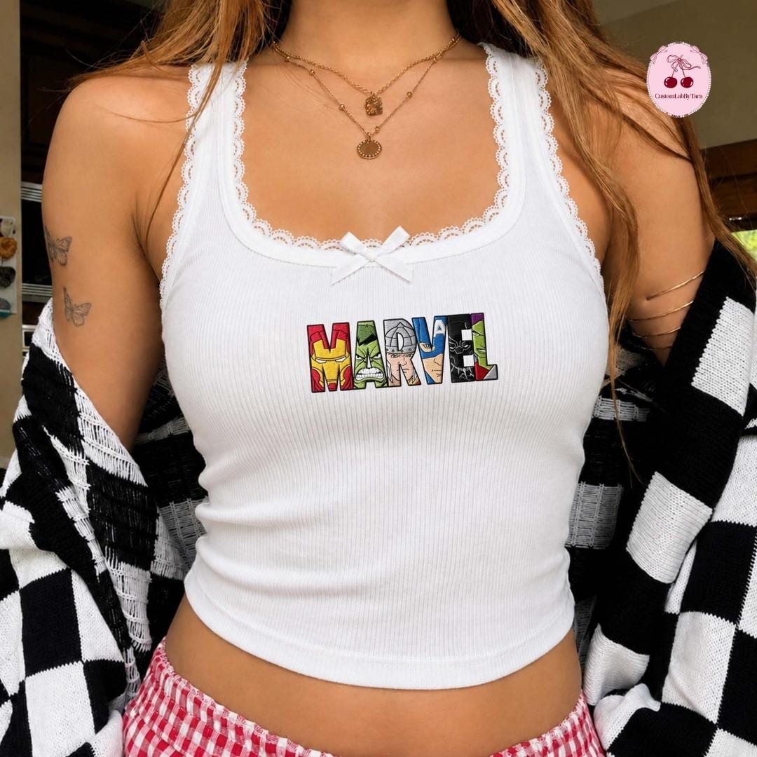 Embroidered Disney Marvel Avengers Shirt or Sweatshirt with Spiderman and Iron Man Lace Trim Tank Top MCU Superhero Fan Baby Tee Crop Tank