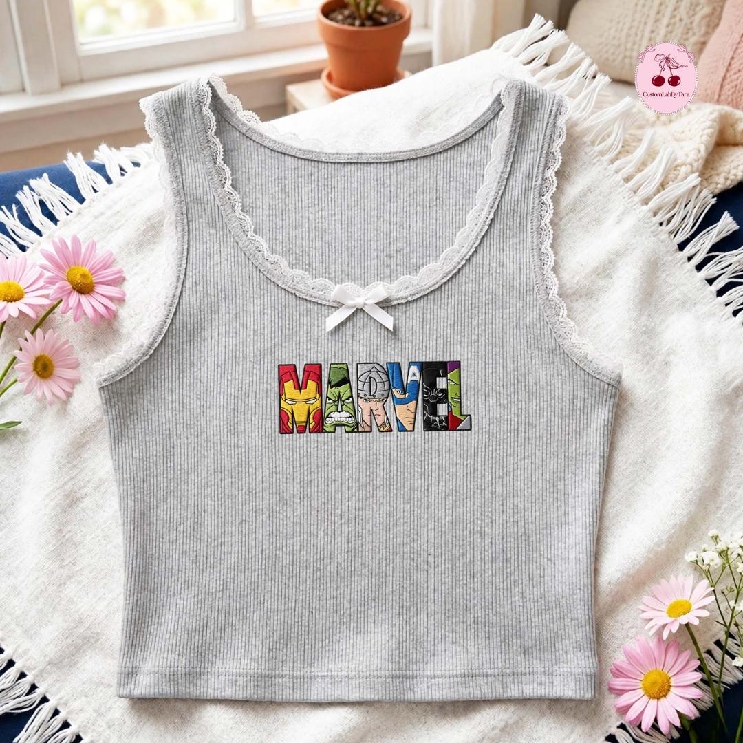 Embroidered Disney Marvel Avengers Shirt or Sweatshirt with Spiderman and Iron Man Lace Trim Tank Top MCU Superhero Fan Baby Tee Crop Tank - photo 3
