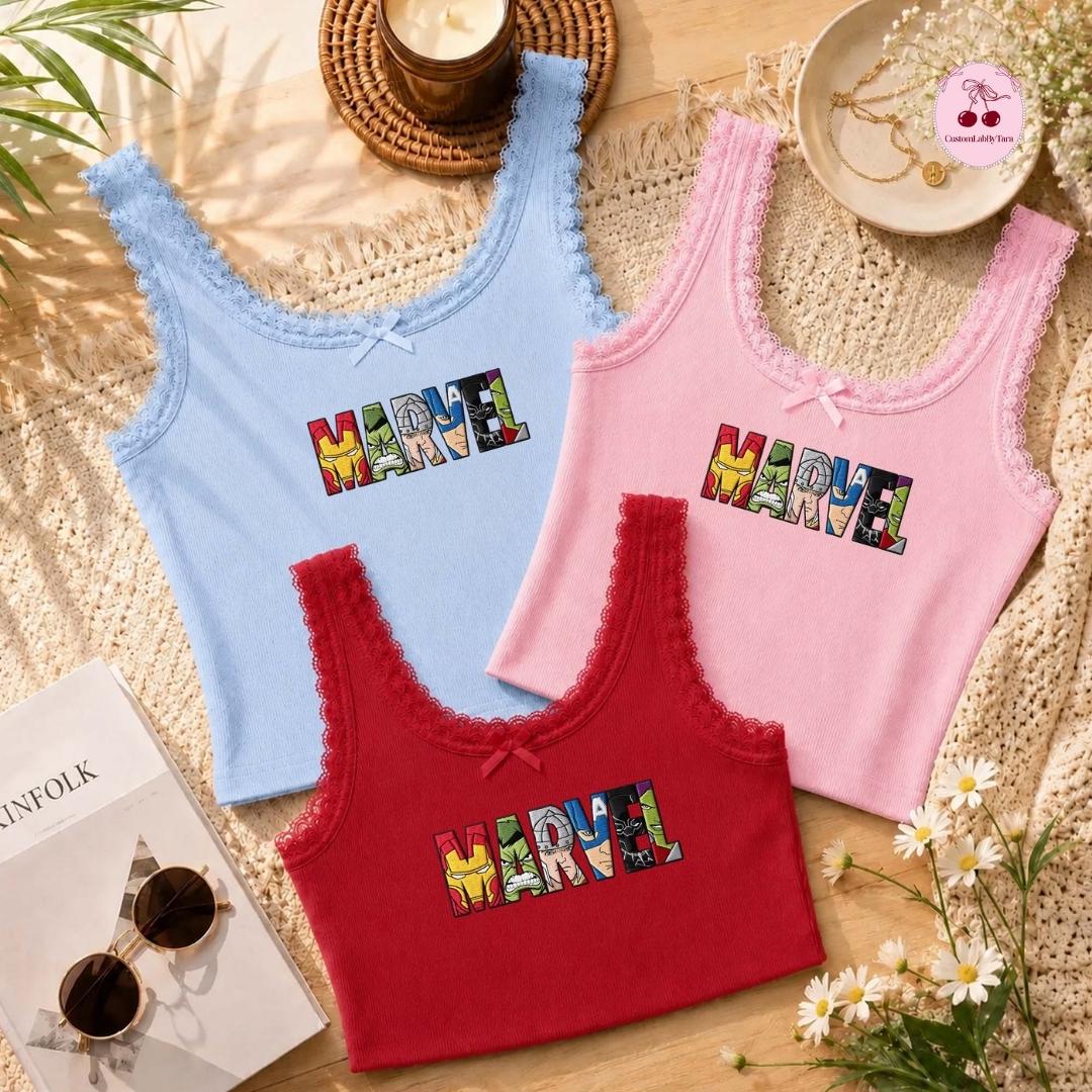 Embroidered Disney Marvel Avengers Shirt or Sweatshirt with Spiderman and Iron Man Lace Trim Tank Top MCU Superhero Fan Baby Tee Crop Tank - photo 4