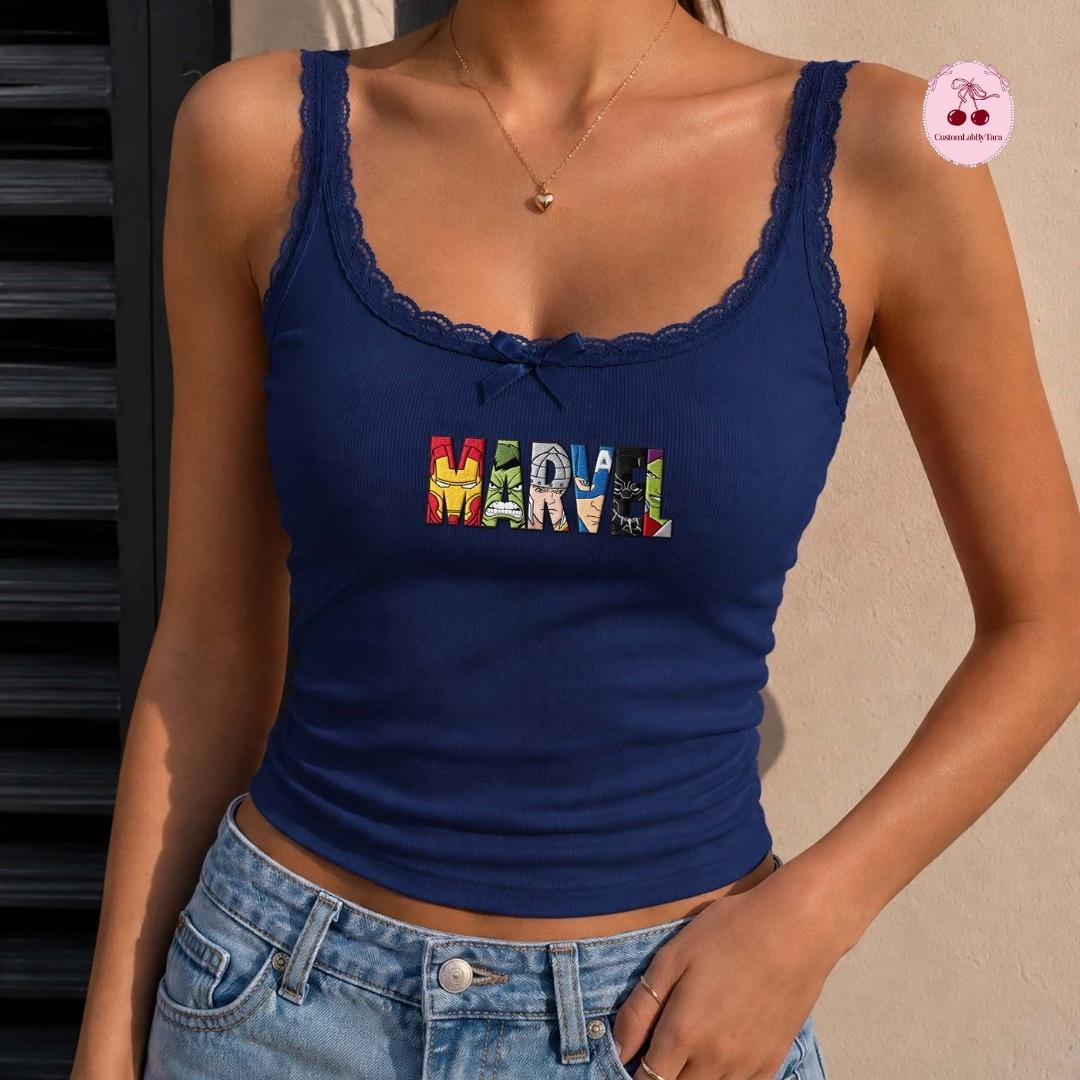 Embroidered Disney Marvel Avengers Shirt or Sweatshirt with Spiderman and Iron Man Lace Trim Tank Top MCU Superhero Fan Baby Tee Crop Tank - photo 5