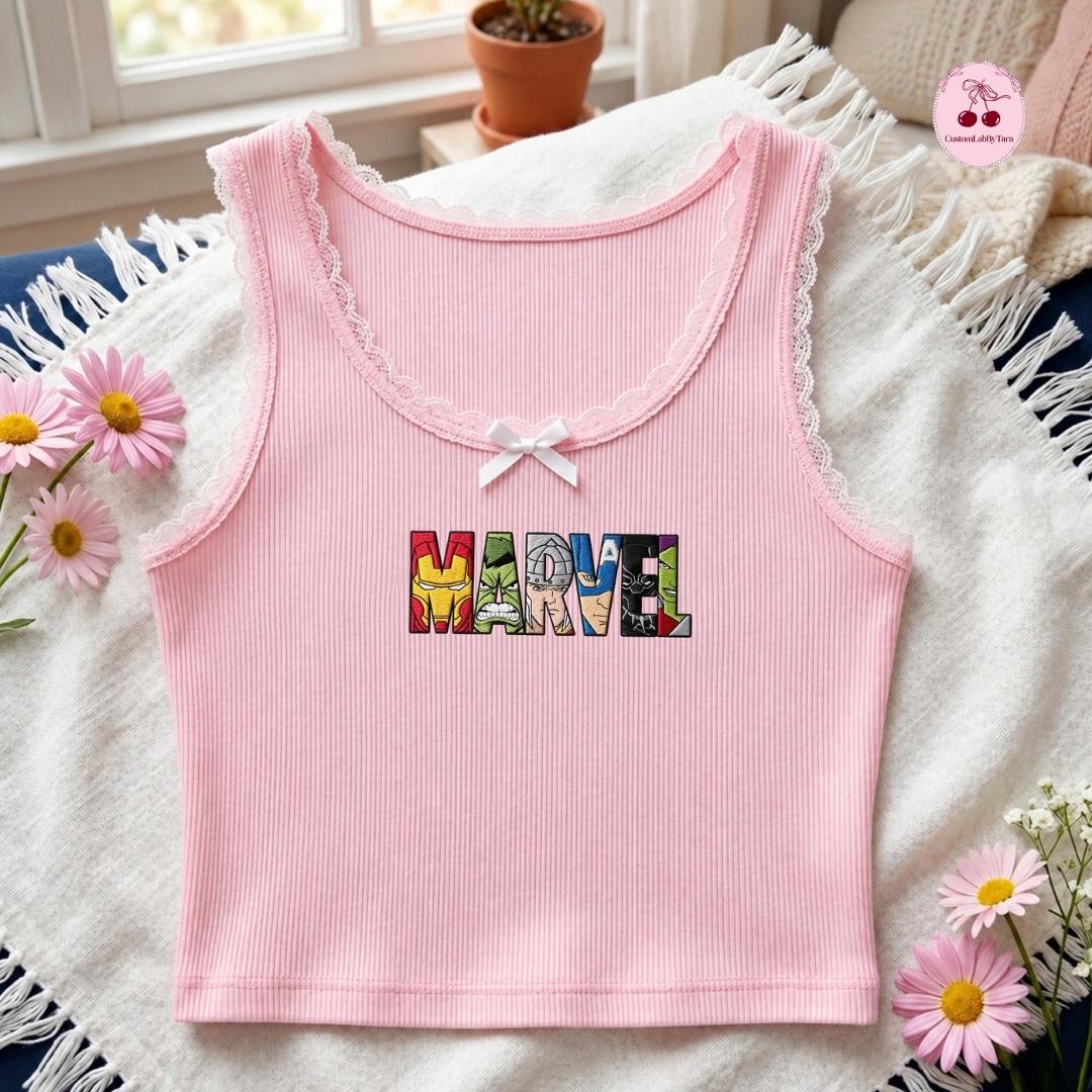 Embroidered Disney Marvel Avengers Shirt or Sweatshirt with Spiderman and Iron Man Lace Trim Tank Top MCU Superhero Fan Baby Tee Crop Tank - photo 6
