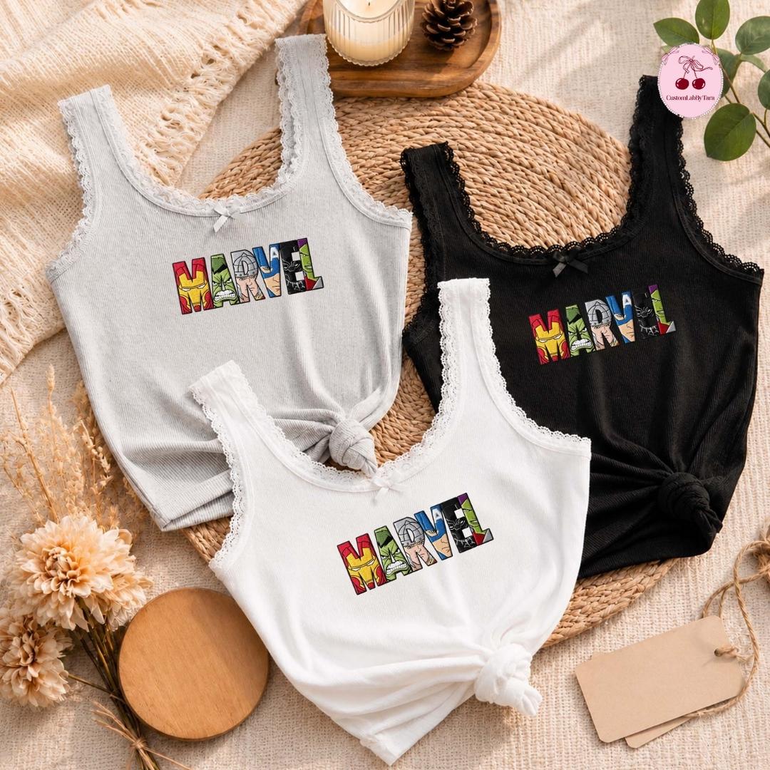Embroidered Disney Marvel Avengers Shirt or Sweatshirt with Spiderman and Iron Man Lace Trim Tank Top MCU Superhero Fan Baby Tee Crop Tank - photo 7