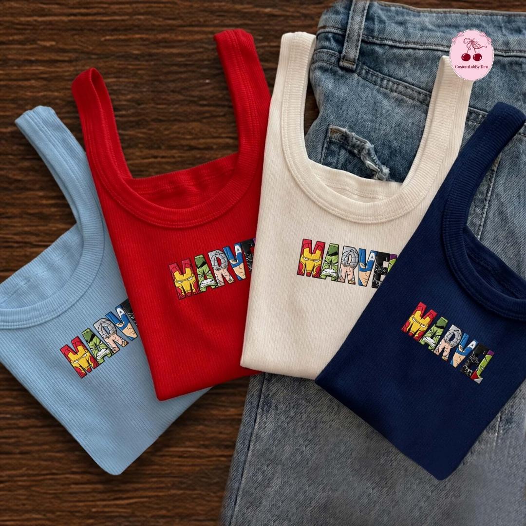 Embroidered Disney Marvel Avengers Shirt or Sweatshirt with Spiderman and Iron Man Lace Trim Tank Top MCU Superhero Fan Baby Tee Crop Tank - photo 8