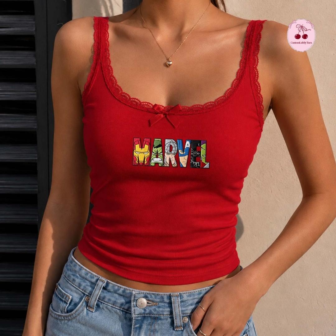 Embroidered Disney Marvel Avengers Shirt or Sweatshirt with Spiderman and Iron Man Lace Trim Tank Top MCU Superhero Fan Baby Tee Crop Tank - photo 9