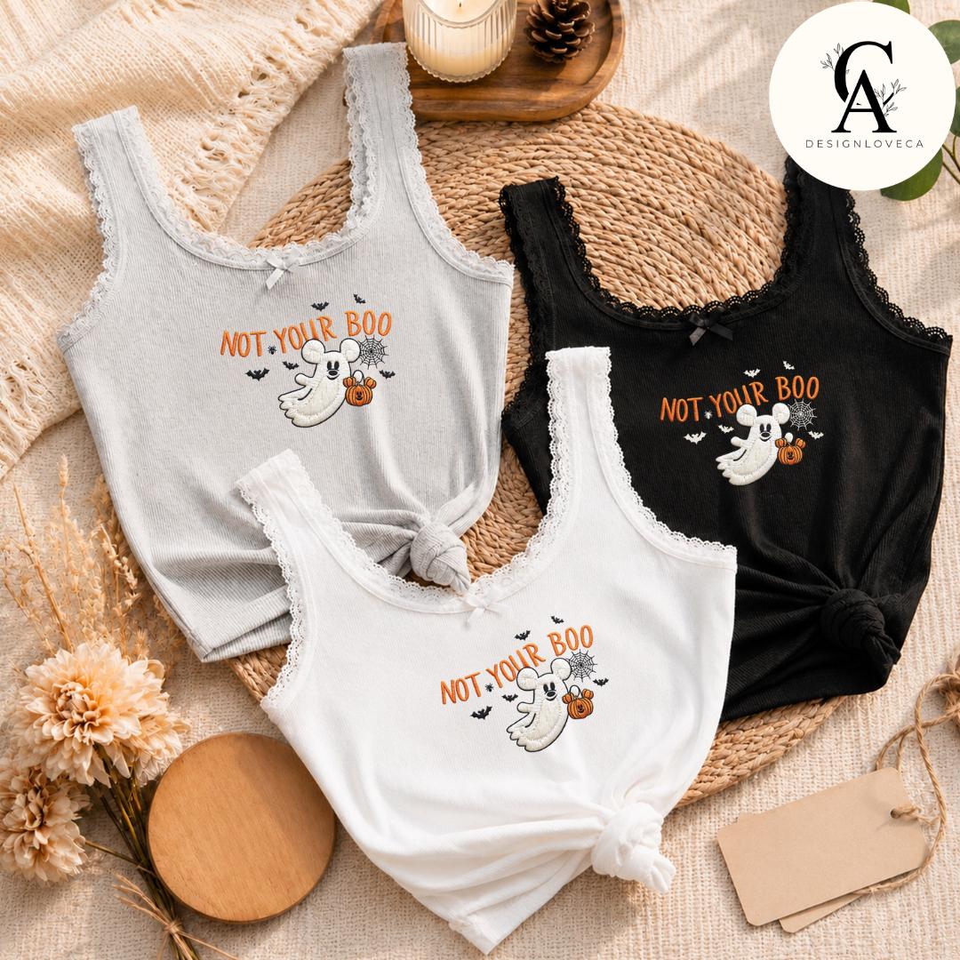 Embroidered Mickey Ghost and Pumpkin Disney Halloween Baby Tee Crop Tank for Mickey's Not So Scary Party Lace Trim Tank Top