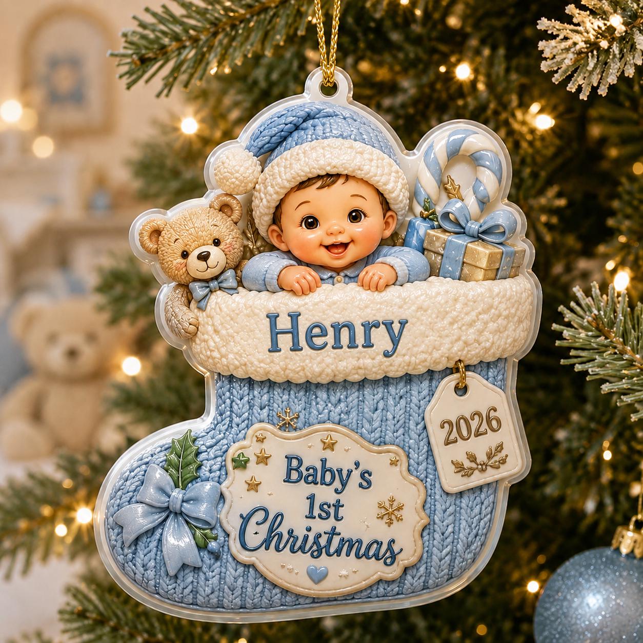 Personalized 3D Baby s 1st Christmas Ornament 2026 for Blue Knit Stocking with Custom Name Keepsake Gift