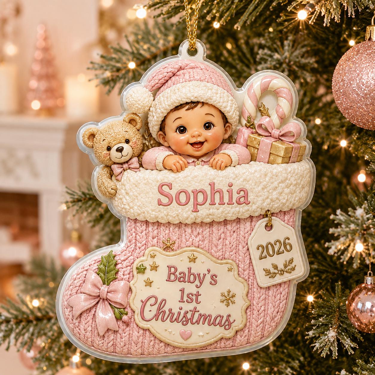 Personalized 3D Baby s 1st Christmas Ornament 2026 for Blue Knit Stocking with Custom Name Keepsake Gift - photo 2