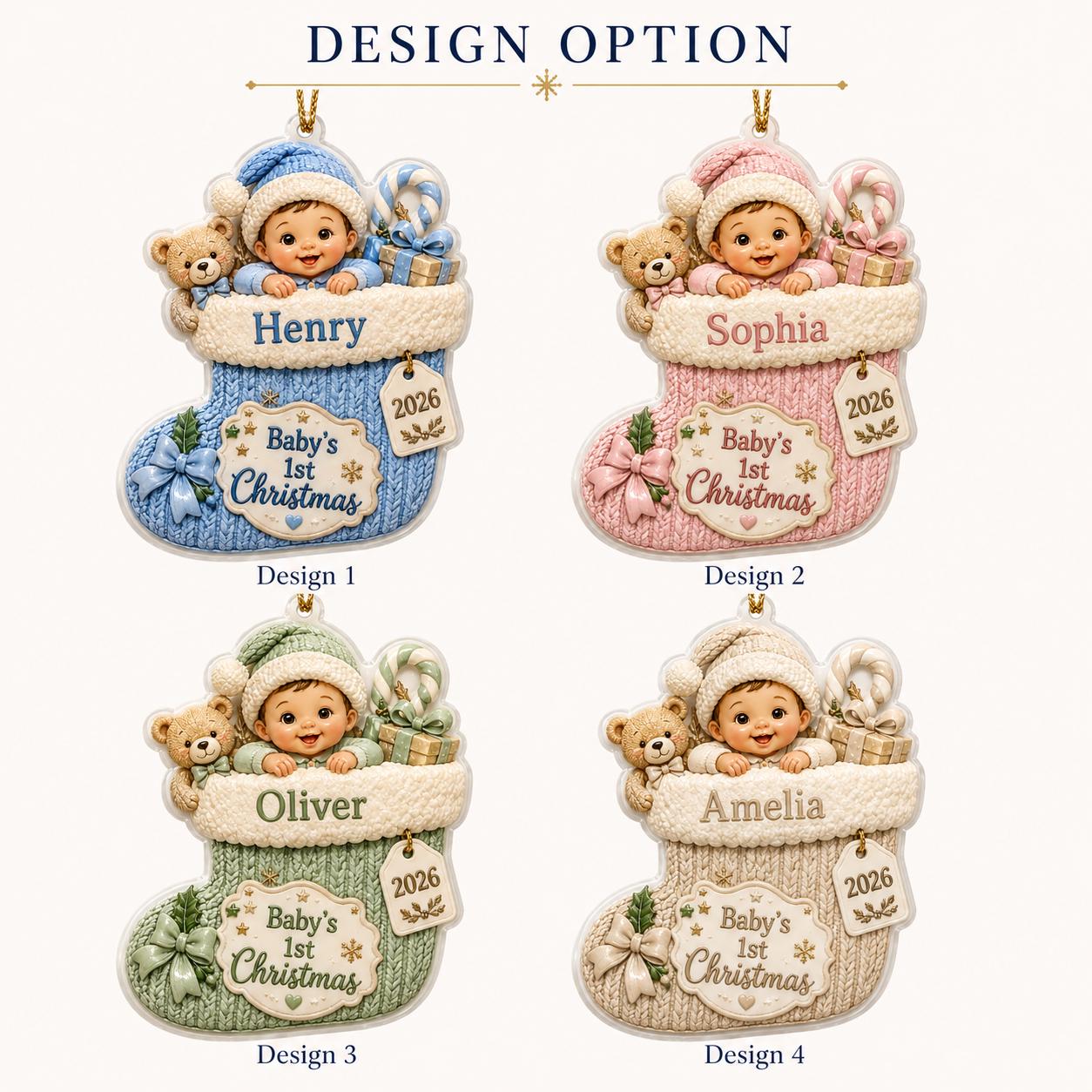 Personalized 3D Baby s 1st Christmas Ornament 2026 for Blue Knit Stocking with Custom Name Keepsake Gift - photo 3