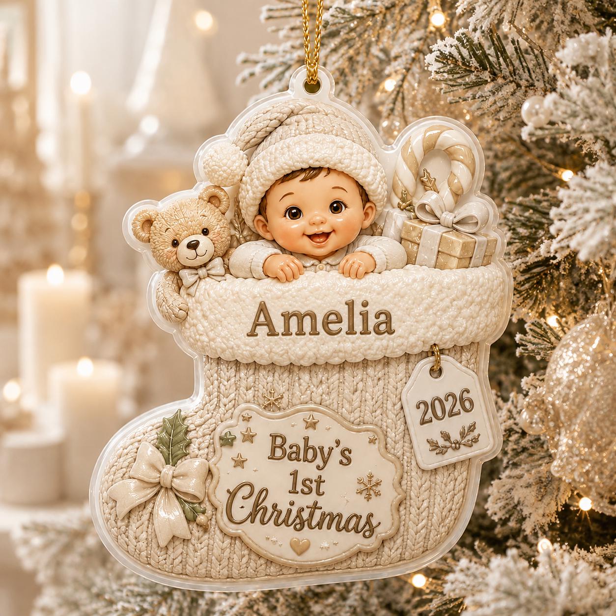 Personalized 3D Baby s 1st Christmas Ornament 2026 for Blue Knit Stocking with Custom Name Keepsake Gift - photo 6