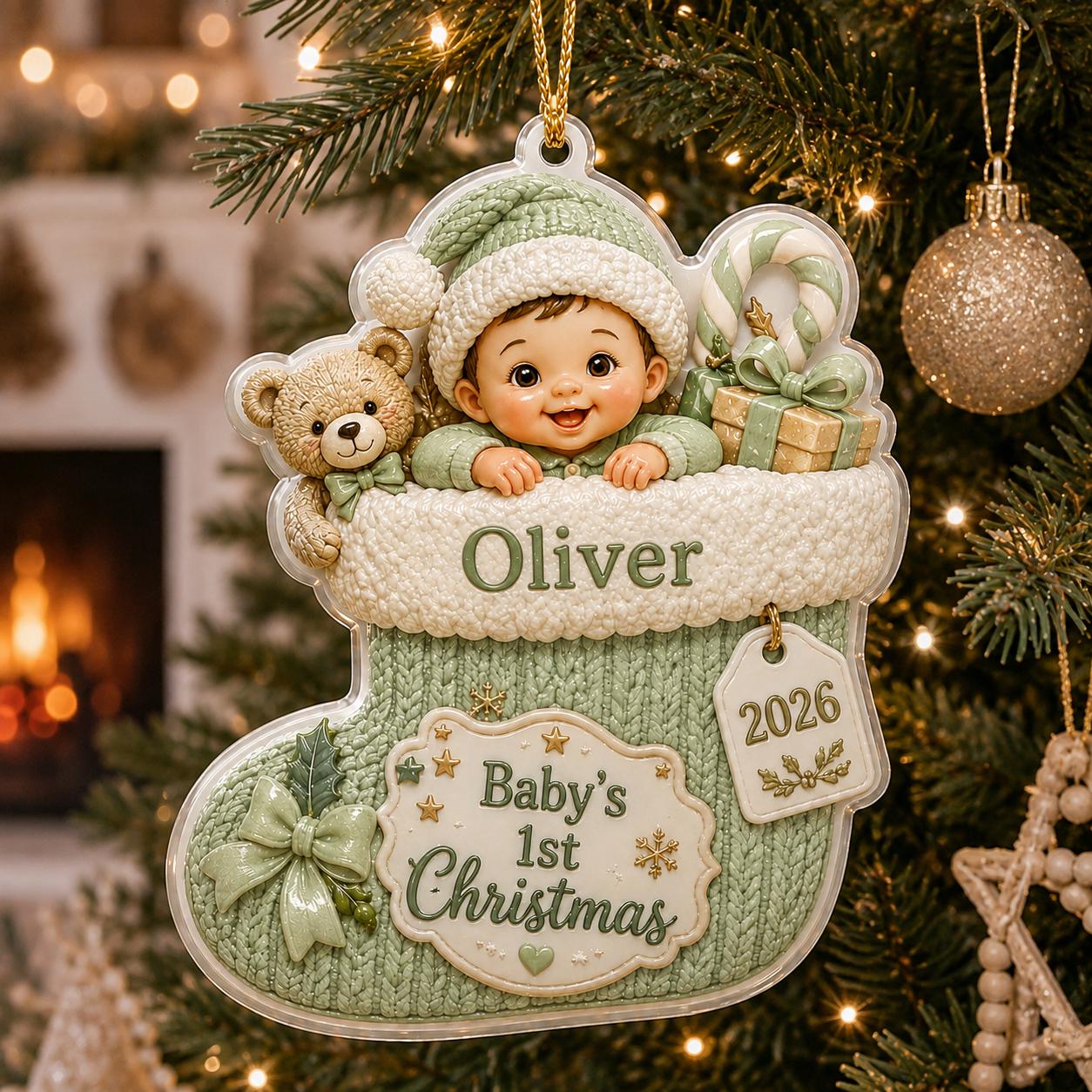Personalized 3D Baby s 1st Christmas Ornament 2026 for Blue Knit Stocking with Custom Name Keepsake Gift - photo 7