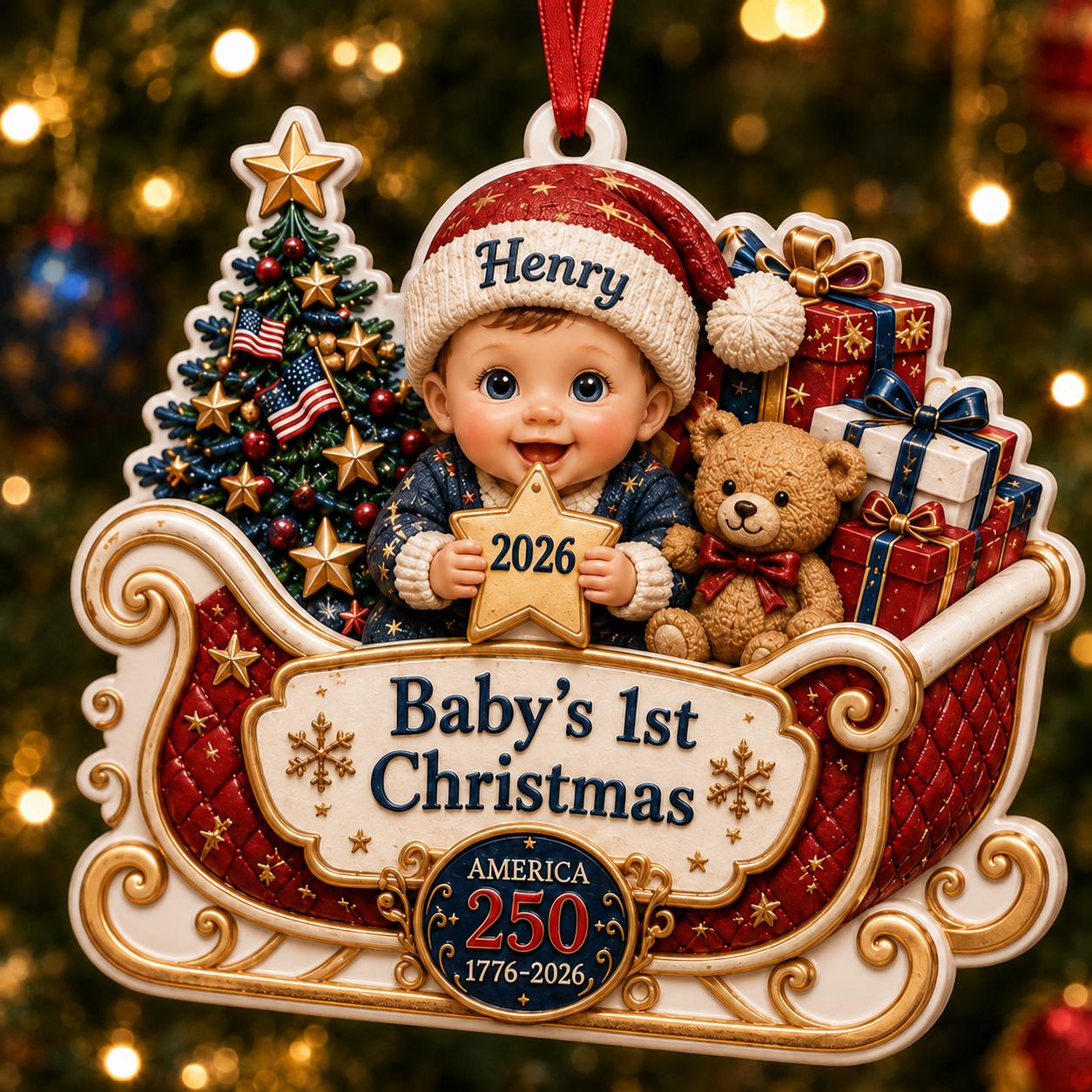 Personalized 3D Baby s First Christmas Ornament for America 250th 1776-2026 Sleigh with Custom Name Henry Keepsake Gift