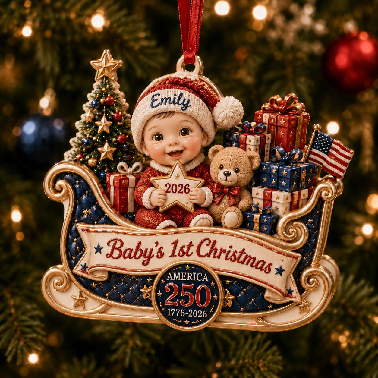 Personalized 3D Baby s First Christmas Ornament for America 250th 1776-2026 Sleigh with Custom Name Henry Keepsake Gift - photo 2