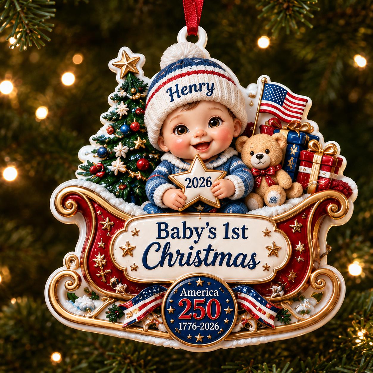 Personalized 3D Baby s First Christmas Ornament for America 250th 1776-2026 Sleigh with Custom Name Henry Keepsake Gift - photo 3