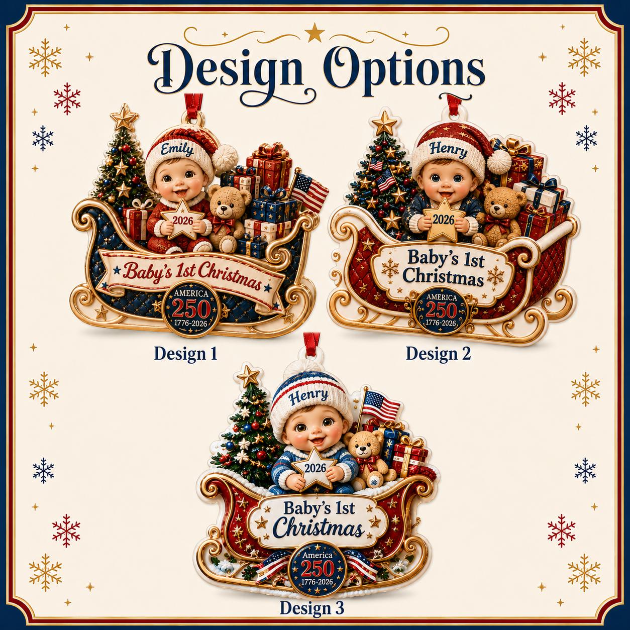 Personalized 3D Baby s First Christmas Ornament for America 250th 1776-2026 Sleigh with Custom Name Henry Keepsake Gift - photo 4