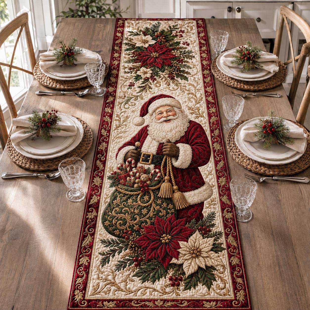Quilt Style Traditional Red and Green Santa Christmas Table Runner with Poinsettia, Farmhouse Holiday Dining Decor
