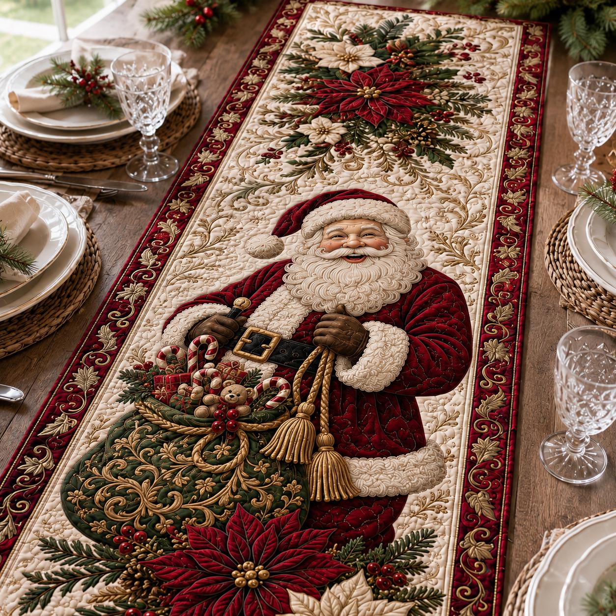 Quilt Style Traditional Red and Green Santa Christmas Table Runner with Poinsettia, Farmhouse Holiday Dining Decor - photo 2