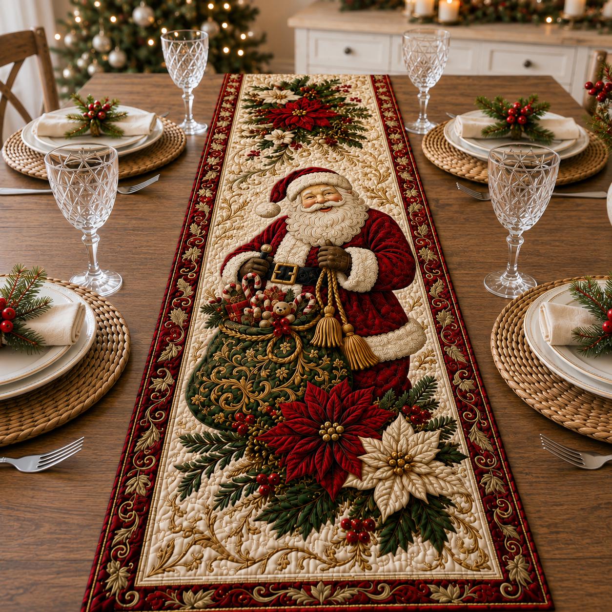 Quilt Style Traditional Red and Green Santa Christmas Table Runner with Poinsettia, Farmhouse Holiday Dining Decor - photo 3