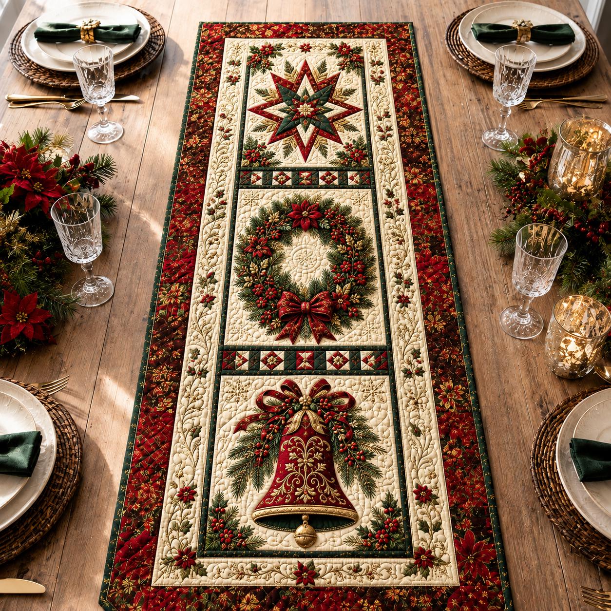 Quilt Style Traditional Red and Green Christmas Bell Table Runner with Wreath and Star, Farmhouse Holiday Centerpiece Decor
