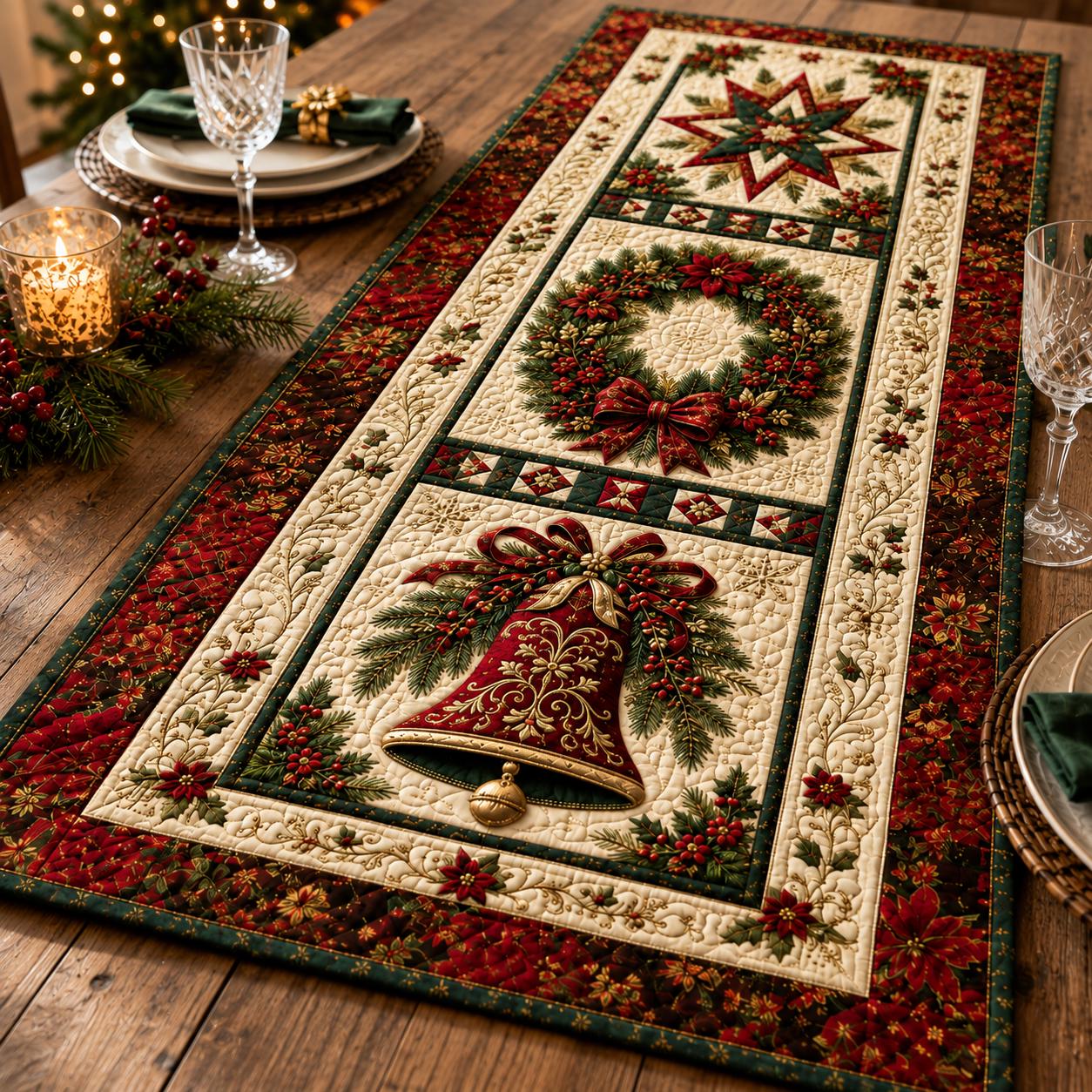 Quilt Style Traditional Red and Green Christmas Bell Table Runner with Wreath and Star, Farmhouse Holiday Centerpiece Decor - photo 3