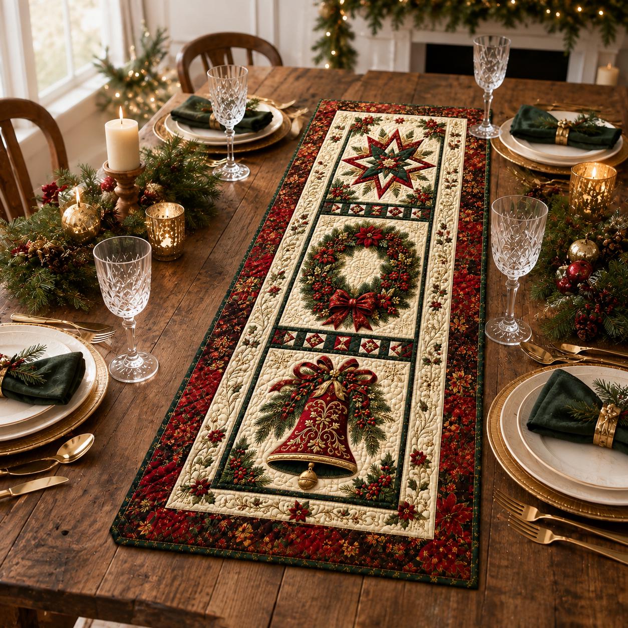 Quilt Style Traditional Red and Green Christmas Bell Table Runner with Wreath and Star, Farmhouse Holiday Centerpiece Decor - photo 4