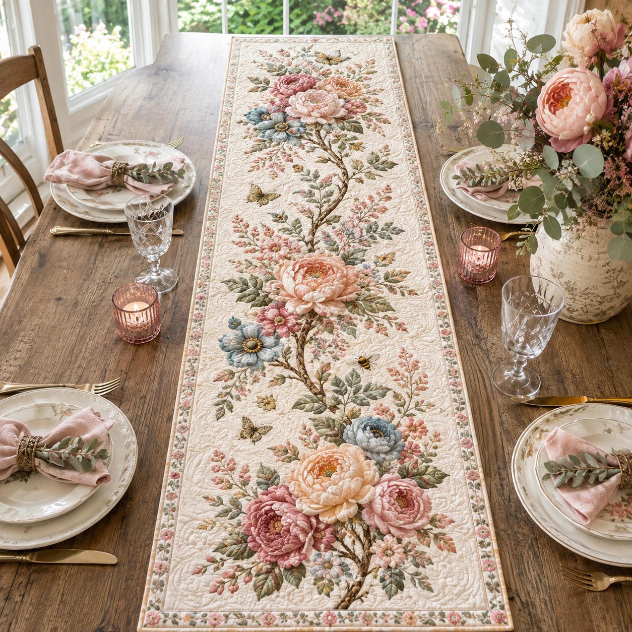 Quilt Style Peony Flower Floral Table Runner, Cottagecore Spring Romantic Farmhouse Dining Centerpiece Decor