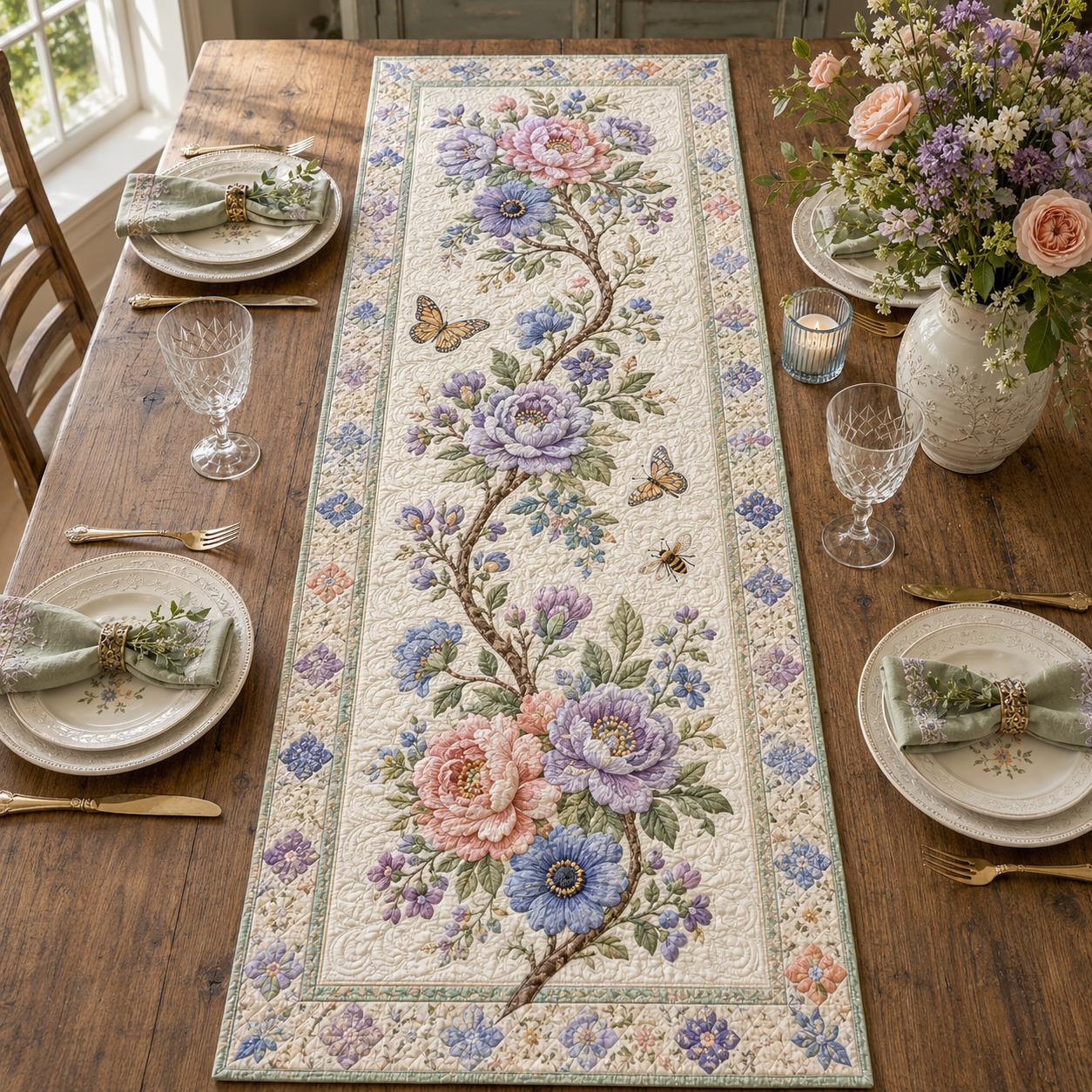 Quilt Style Peony Flower Floral Table Runner, Cottagecore Spring Romantic Farmhouse Dining Centerpiece Decor - photo 2