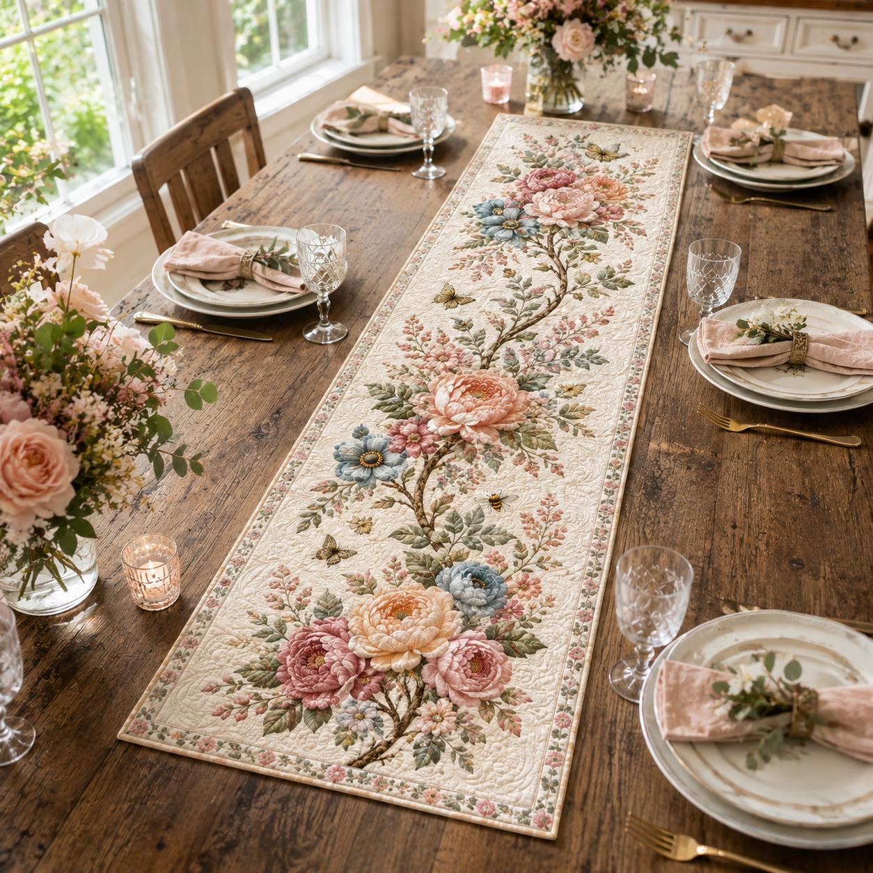 Quilt Style Peony Flower Floral Table Runner, Cottagecore Spring Romantic Farmhouse Dining Centerpiece Decor - photo 5