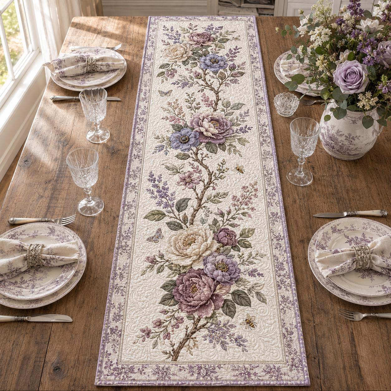 Quilt Style Peony Flower Floral Table Runner, Cottagecore Spring Romantic Farmhouse Dining Centerpiece Decor - photo 6
