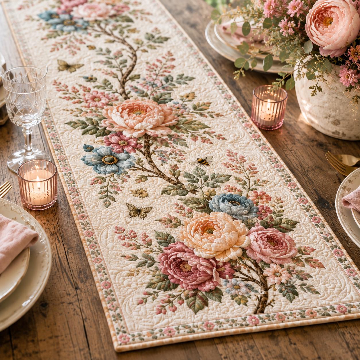 Quilt Style Peony Flower Floral Table Runner, Cottagecore Spring Romantic Farmhouse Dining Centerpiece Decor - photo 7