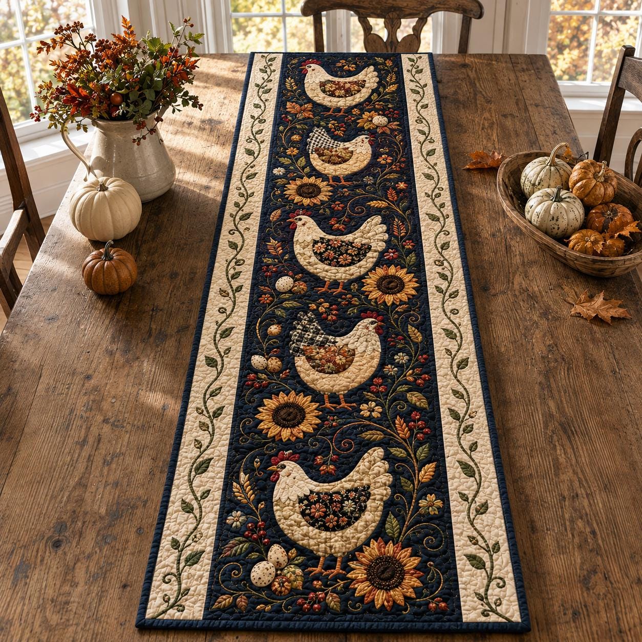 Chicken Table Runner with Quilt Style Sunflower Fall Decor and Farmhouse Hen for Autumn Harvest Country Kitchen Dining