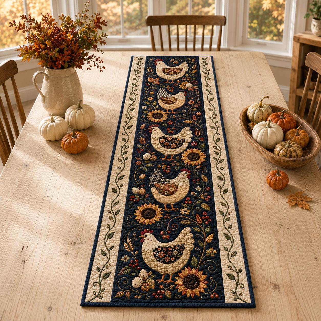 Chicken Table Runner with Quilt Style Sunflower Fall Decor and Farmhouse Hen for Autumn Harvest Country Kitchen Dining - photo 2
