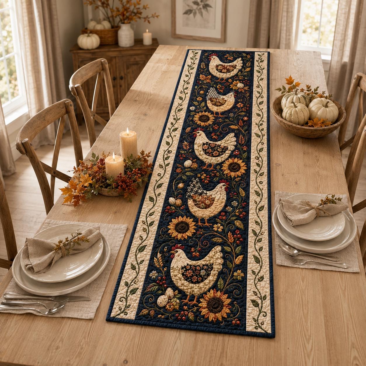 Chicken Table Runner with Quilt Style Sunflower Fall Decor and Farmhouse Hen for Autumn Harvest Country Kitchen Dining - photo 4